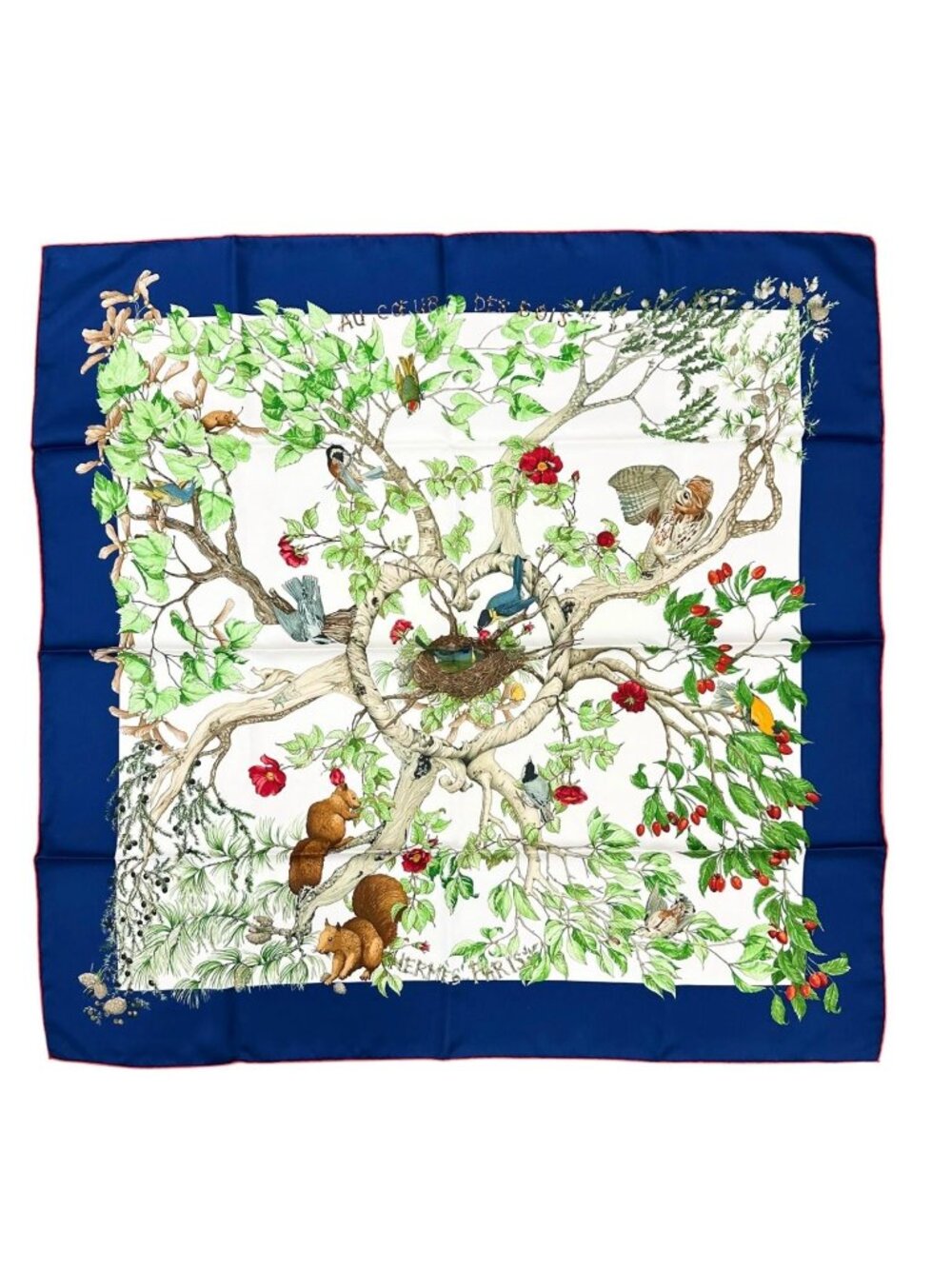 Hermes Carre 90 AU Coeur Des Bois Silk Green Blue White Scarf